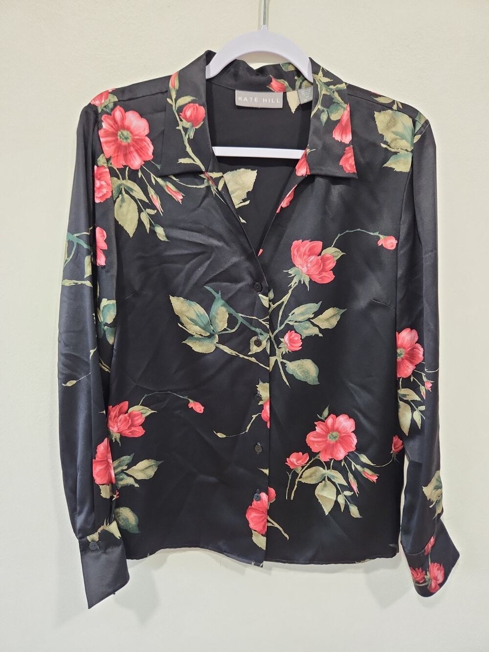 Kate Hill 100% Silk Black Long Sleeve Blouse Tunic Paisley Floral Roses Size 10